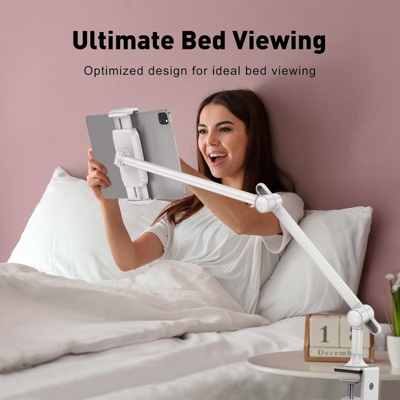 AboveTEK Tablet Stand Holder for Desk & Bed, Aluminum iPad Holder Arm with 360° Rotating Clamp, Adjustable Phone Stand Compatible with 4.7"-13.5" iPad Pro/Air/Mini, iPhone, Galaxy Tab- White - Image 2